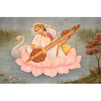 Painting of Goddess Saraswati sitting on the lotus